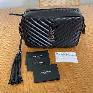 SAINT LAURENT Lou Camera Medium Zip Leather Shoulder Bag AGED SILVER HARDWARE